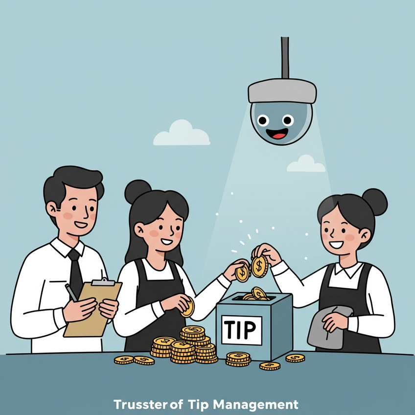 A Transparent and Fair Tip Management System Cartoon of a manager observing two employees counting tips under a security camera, illustrating a fair and transparent tip management system.