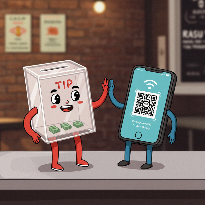 The Perfect Team: Cash Tip Box and Digital QR Code Cartoon of an acrylic tip box and a smartphone with a QR code high-fiving, representing a hybrid cash and digital tipping strategy.