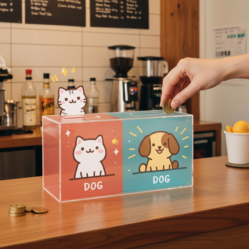 The Power of a Fun Voting Tip Box Illustration of a voting tip box where a customer chooses between a cat and a dog, showing a fun way to encourage tips.